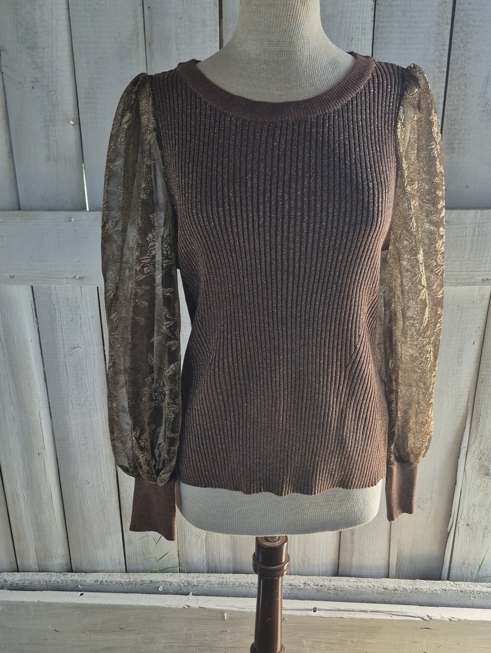 Cato Brown Ribbed Crewneck Sweater with Sheer Metallic Puff Sleeves